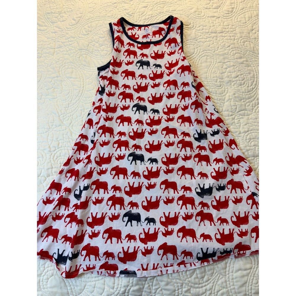 Lands End Elephant Dress Kids S 7-8 White Red Schoolcore Back‎ to School Cotton